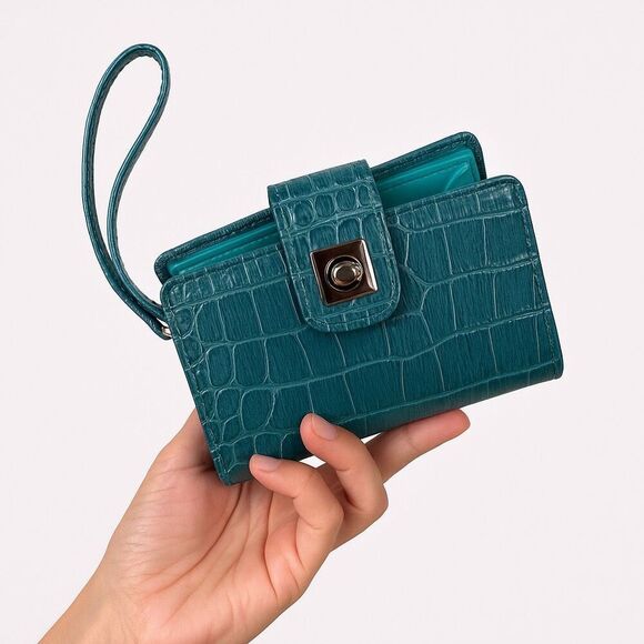 Jade Green Faux Snakeskin Wallet Wristlet with Turn Lock - Picture 1 of 9